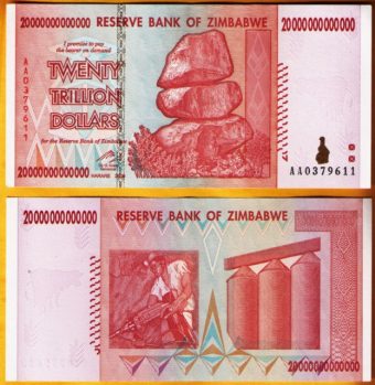 Zimbabwe 20 Trillion Banknote AA+2008 UNC